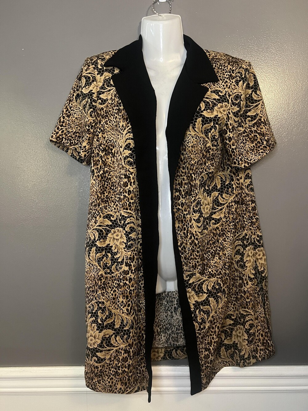 Studio I Petite Jacket Womens 12P Black Leopard Open Front Short Sleeve Blazer
